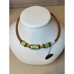 Vintage Leather Choker with Hand Painted Beads ~